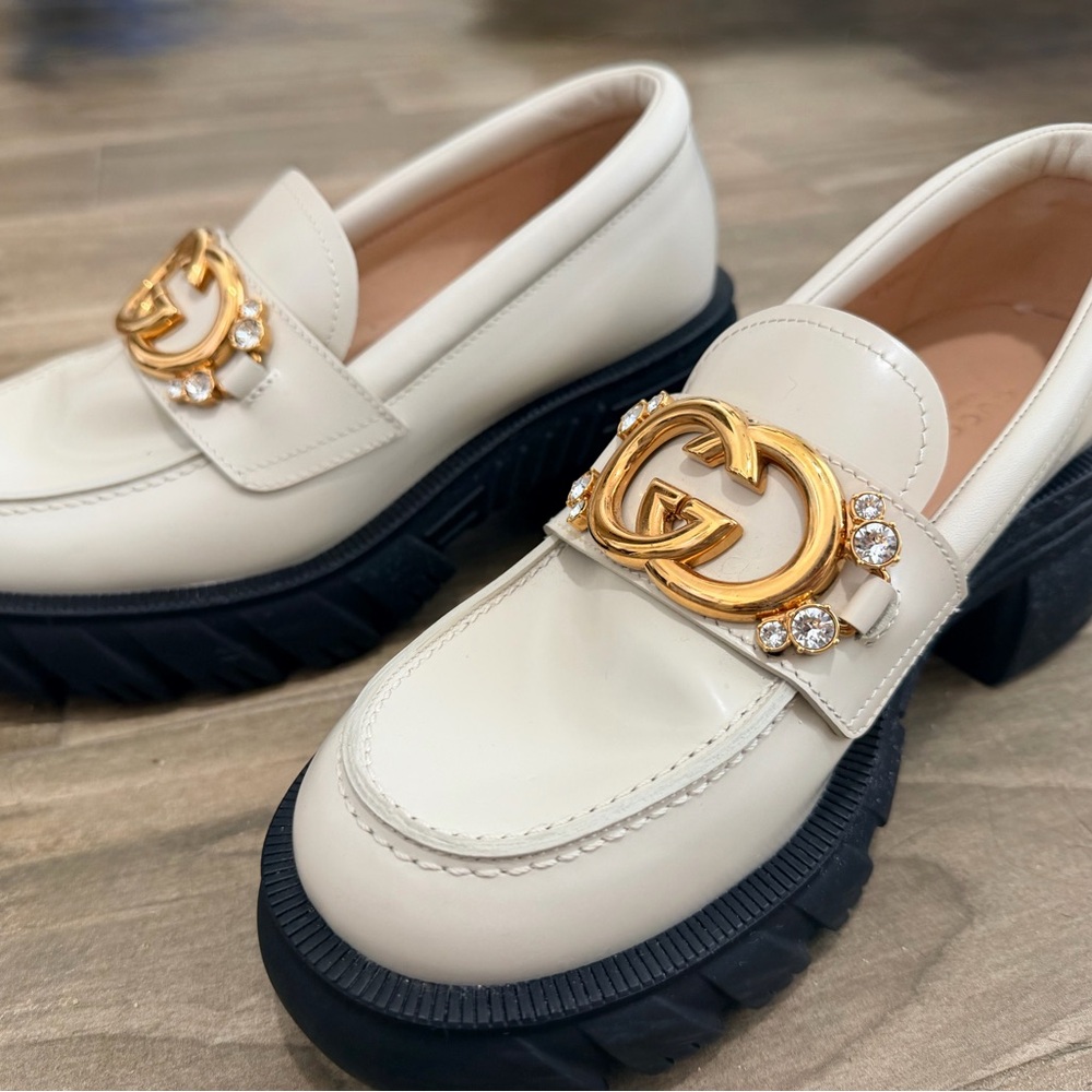 Gucci Cream Leather Loafers with Gold GG & Crystal Accents